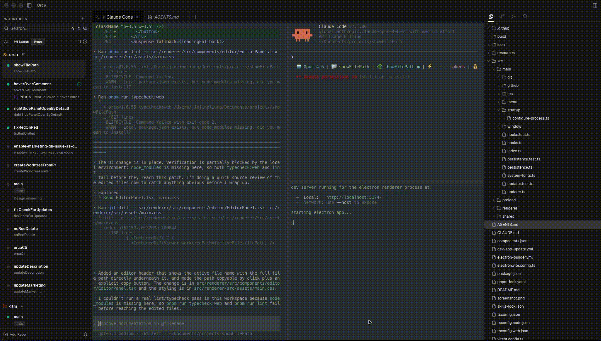 Orca worktree IDE demo showing Claude Code, Codex, and OpenCode running in parallel across isolated git worktrees